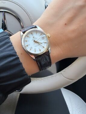 Rolex women’s Two-Tone Watch with White Dial and Brown Leather Strap